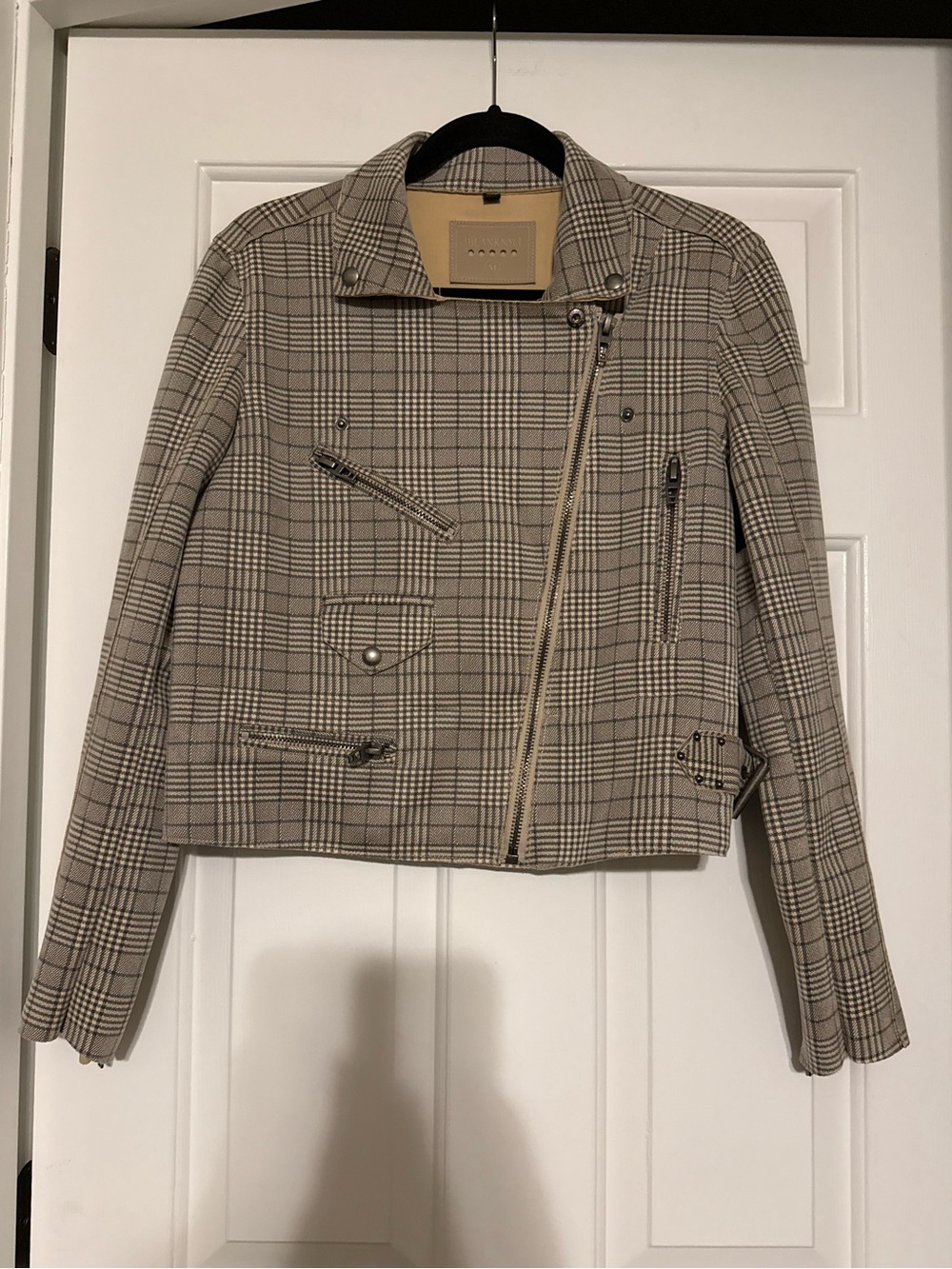 BLANKNYC Plaid Asymmetric Zip Moto Biker Jacket Grey Beige Medium M